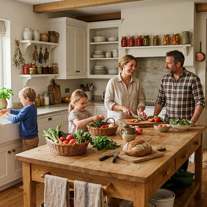 Spacious farmhouse kitchen with a family preparing fresh garden vegetables on a wooden island