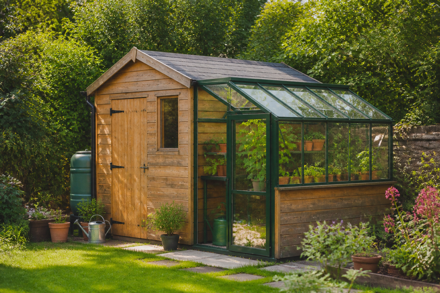 Combined greenhouse and wooden garden shed in a backyard