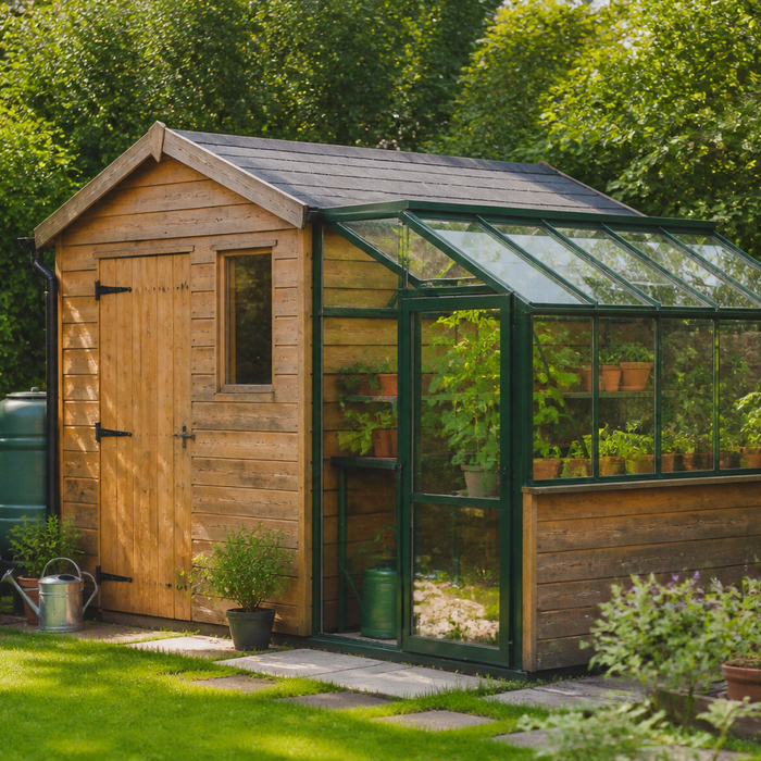 Combined greenhouse and wooden garden shed in a backyard