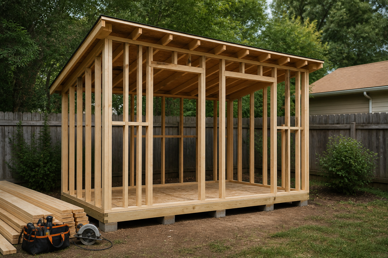 Backyard shed under construction with timber framing