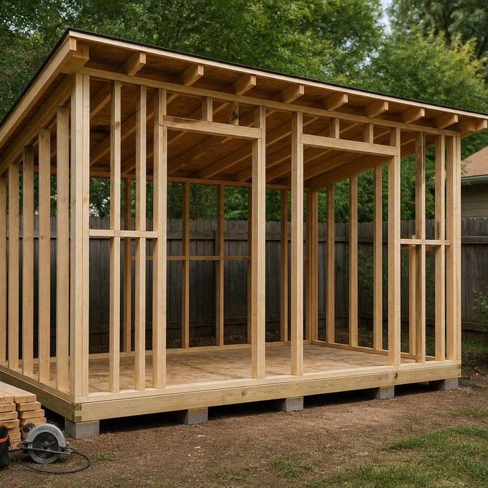Backyard shed under construction with timber framing