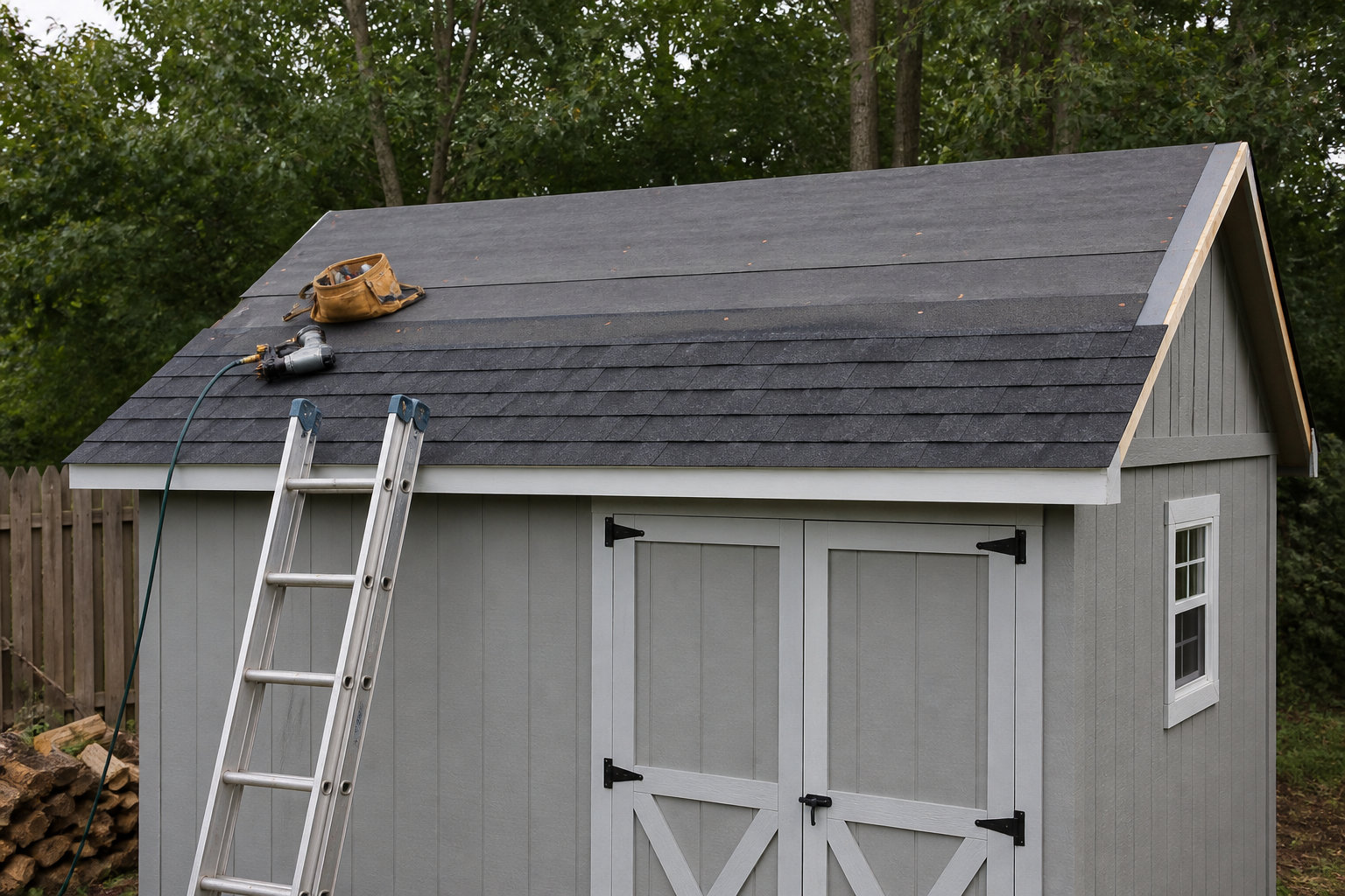 Asphalt shingles being installed on a backyard shed roof
