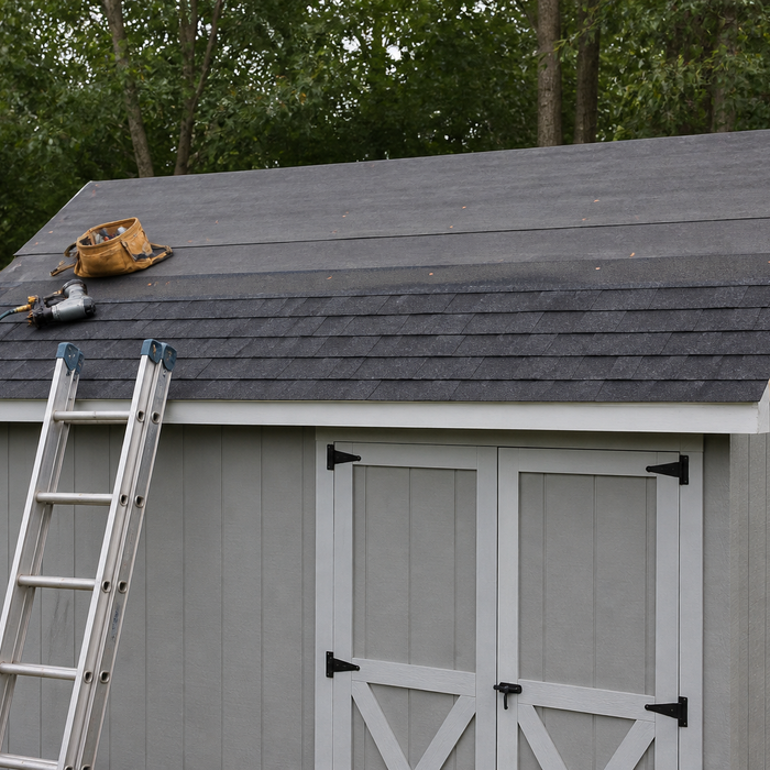 Asphalt shingles being installed on a backyard shed roof