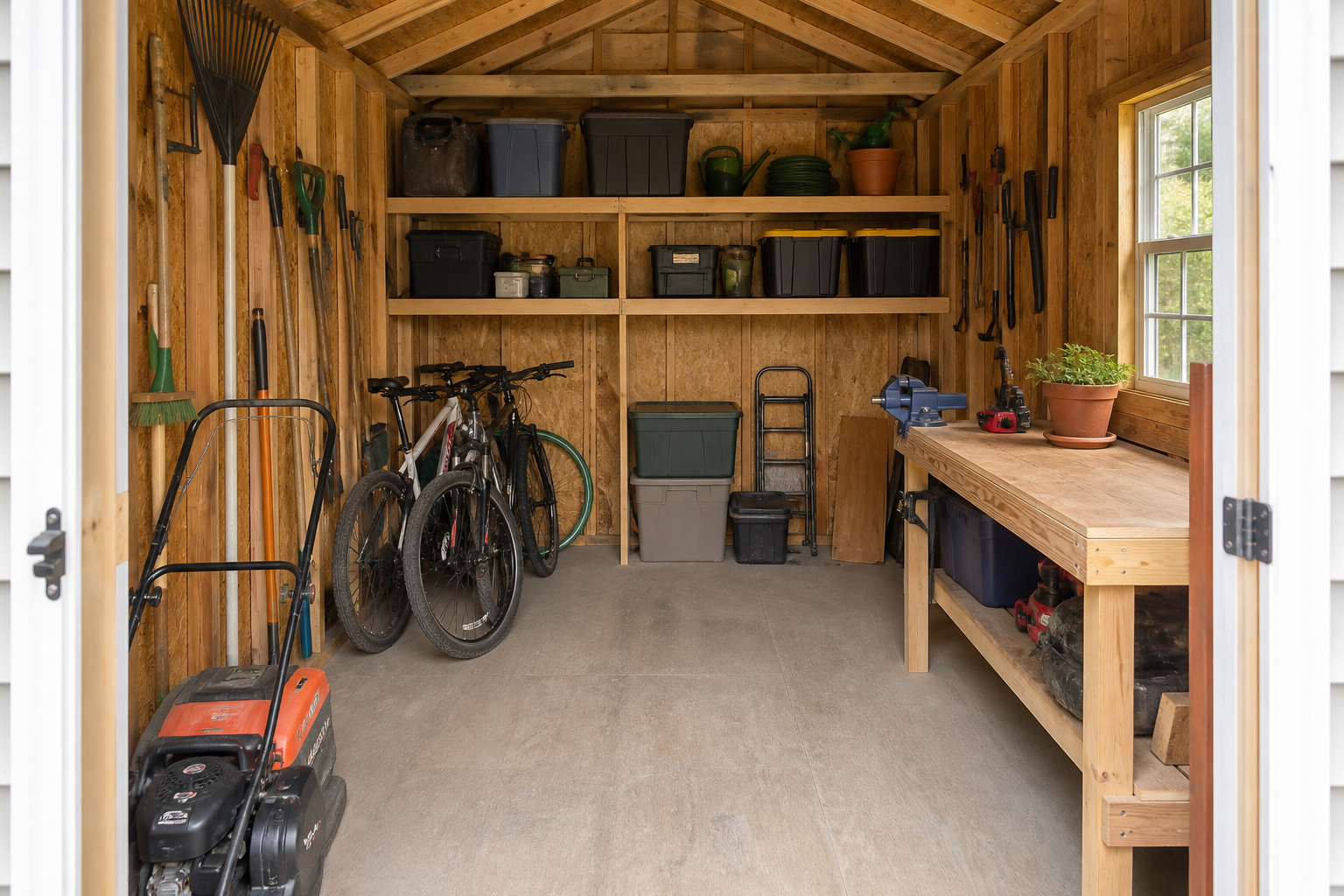 Organized storage inside an 8 by 10 foot shed