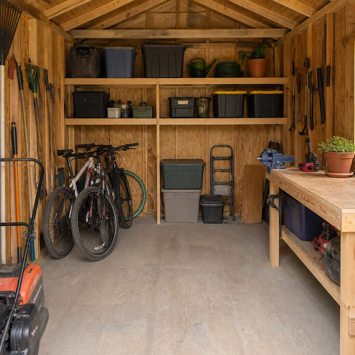 Organized storage inside an 8 by 10 foot shed