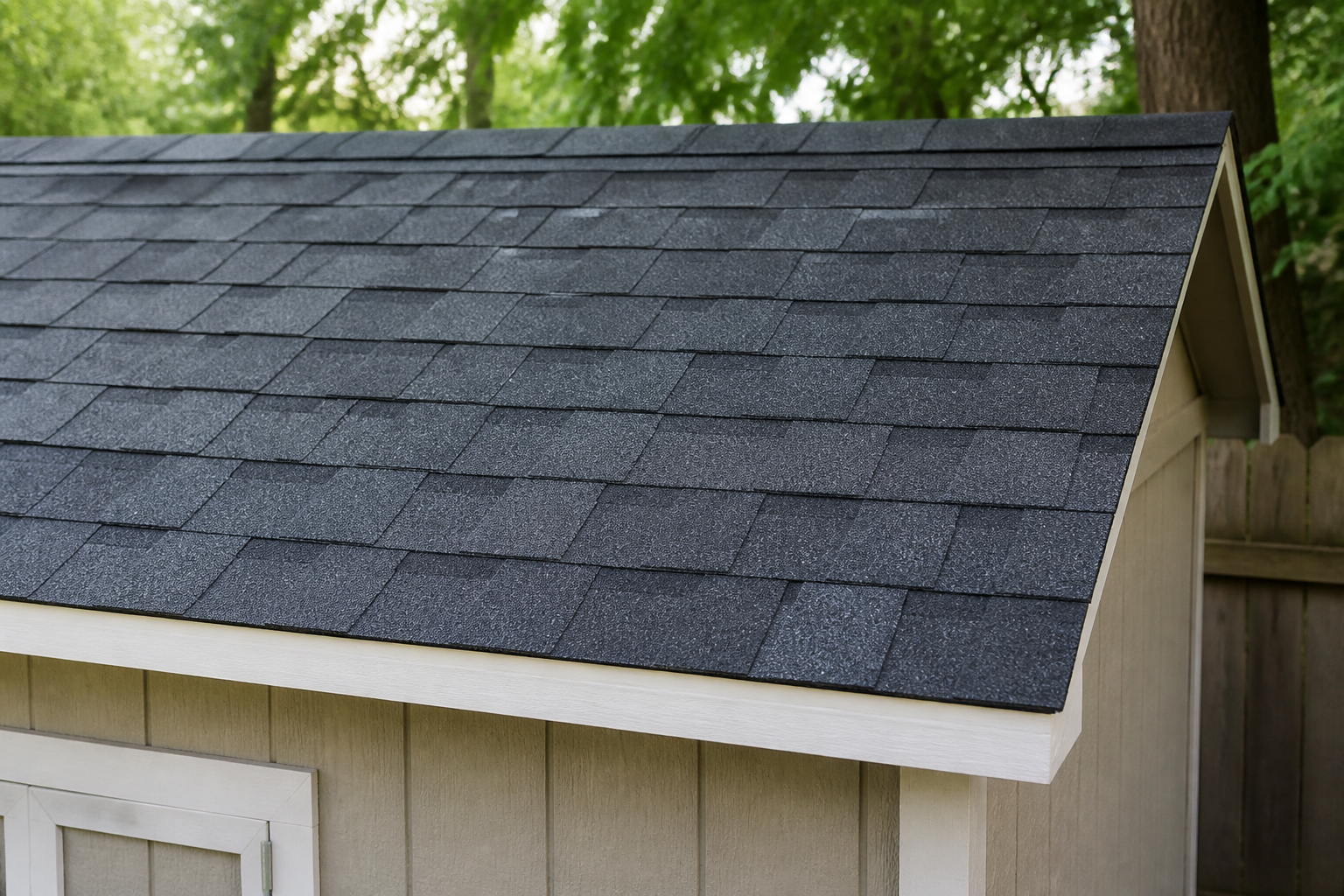 New asphalt shingles on a backyard shed roof