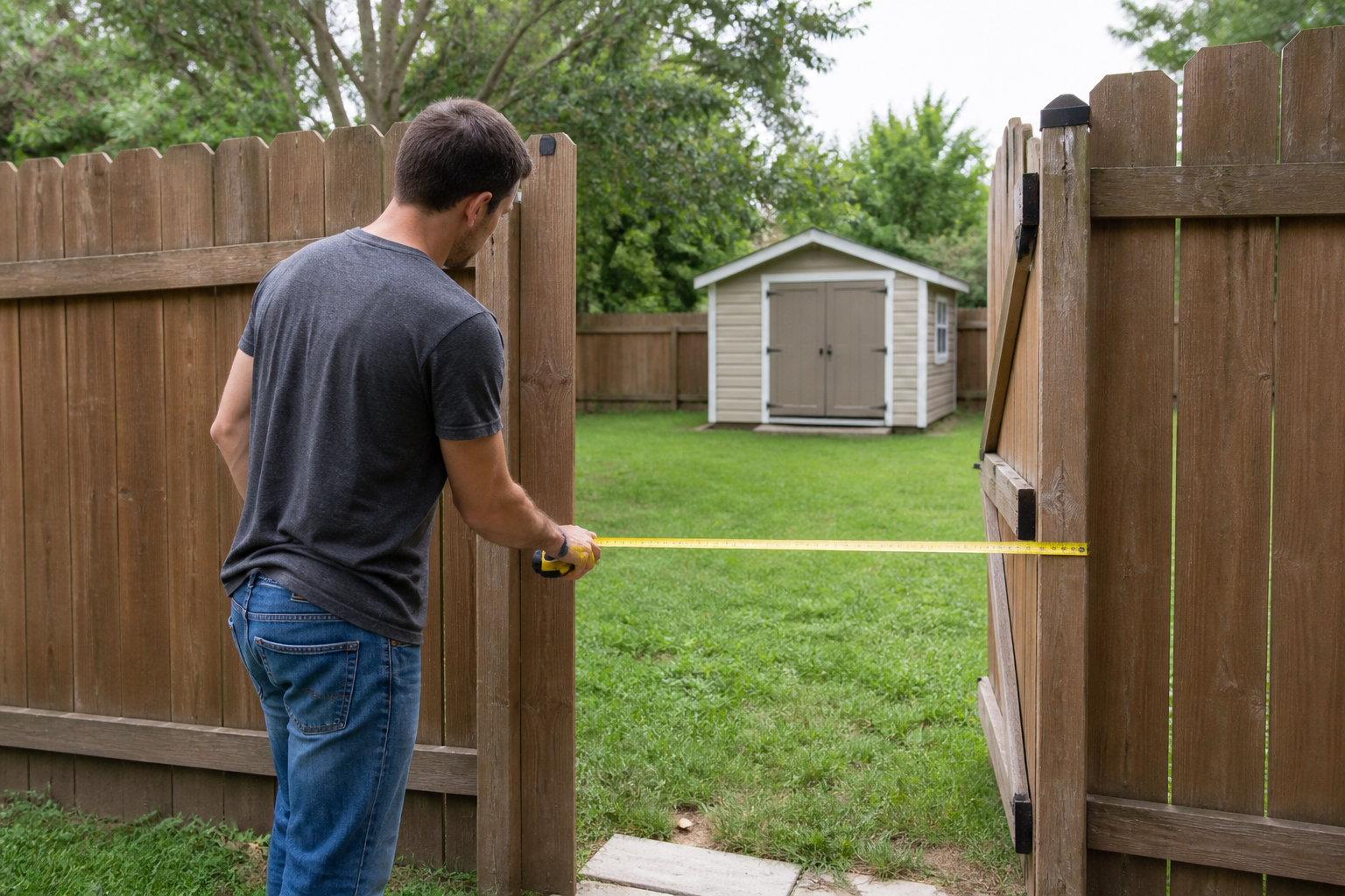 Measuring a fenced backyard entrance for shed delivery