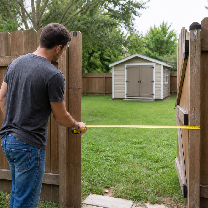 Measuring a fenced backyard entrance for shed delivery