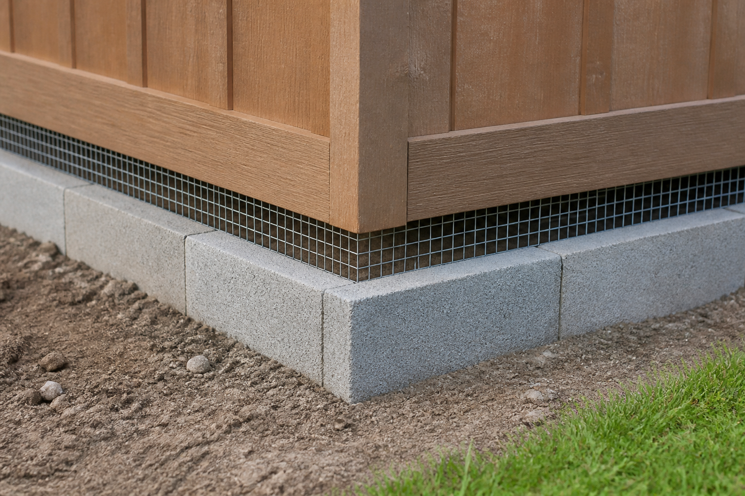 Concrete blocks and wire mesh around the base of a shed