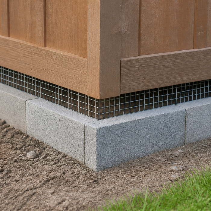 Concrete blocks and wire mesh around the base of a shed