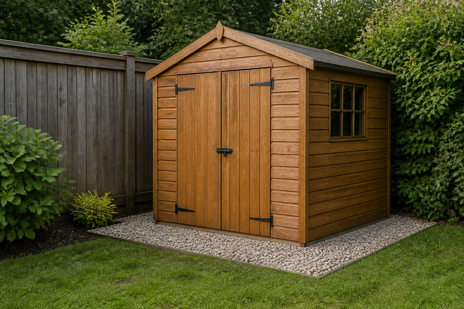 Gravel shed base extending beyond the shed footprint