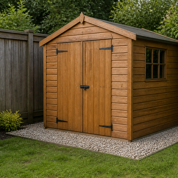 Gravel shed base extending beyond the shed footprint