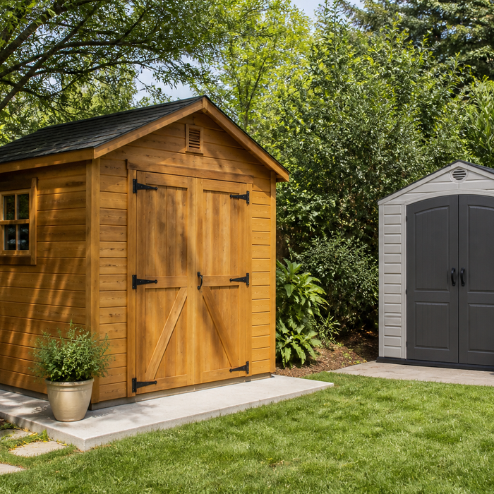 Permanent wooden shed and portable resin shed in a backyard