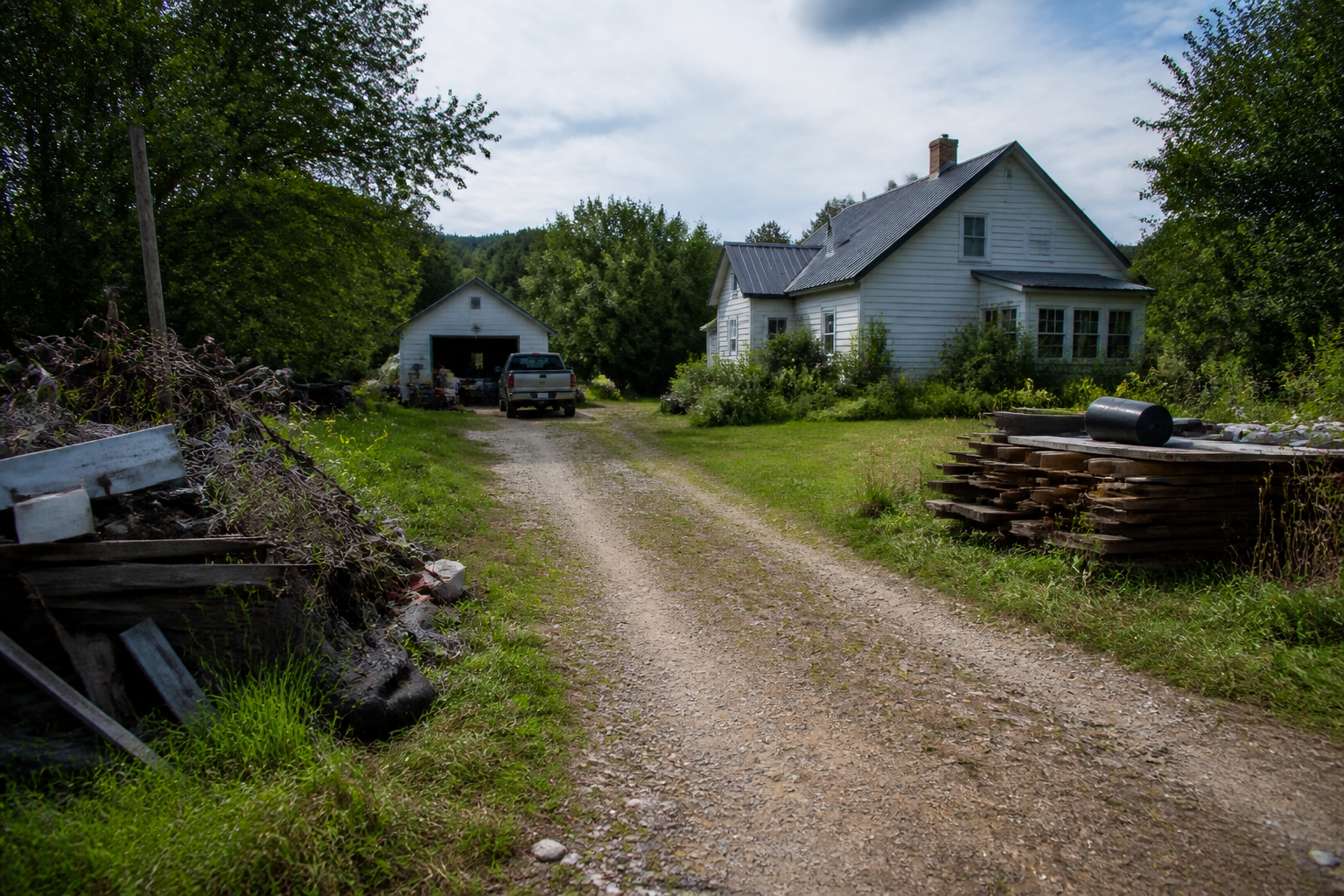Gravel driveway leading through a wooden gate to a rural home