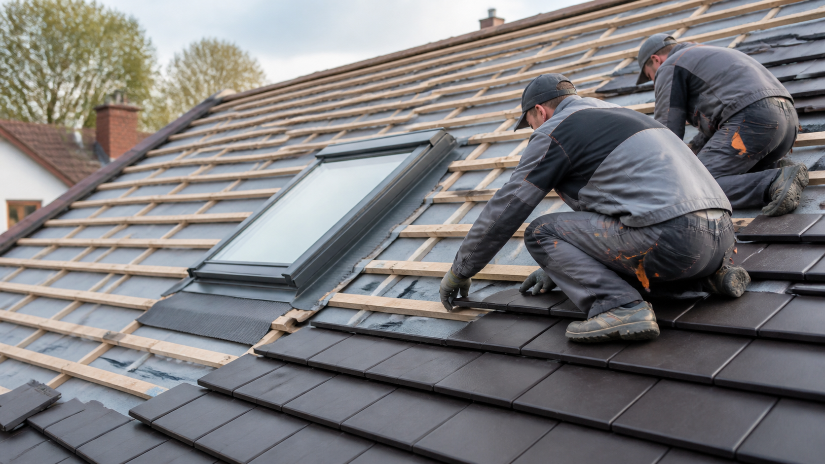 Roofers installing tiles on a sloped residential roof