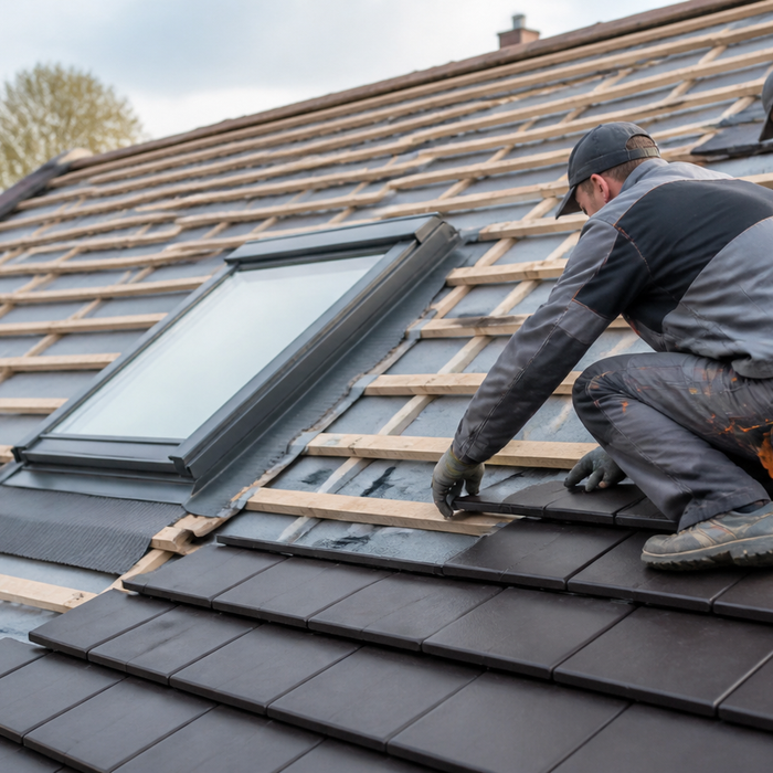 Roofers installing tiles on a sloped residential roof