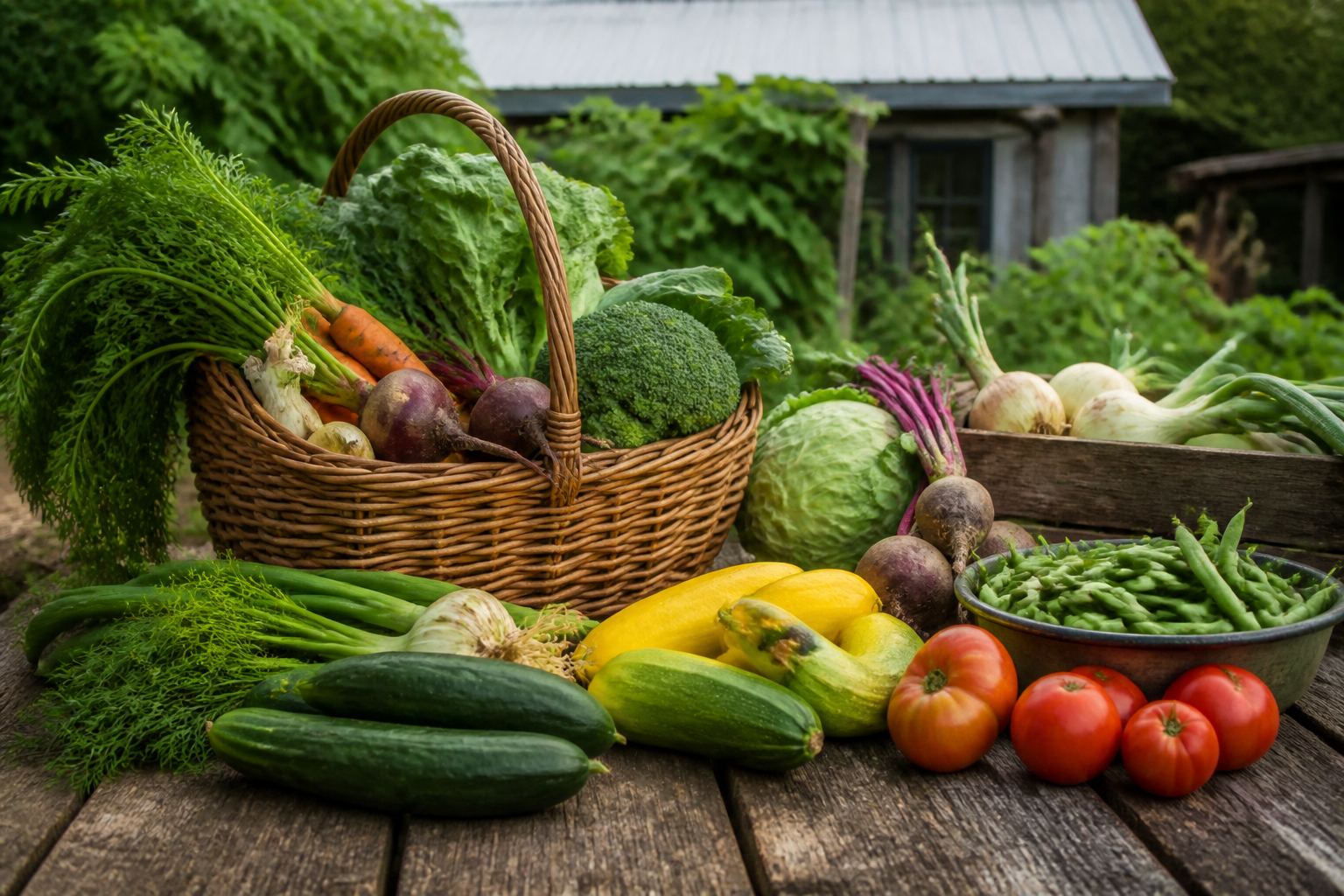 Fresh vegetables packed in wooden crates after harvest