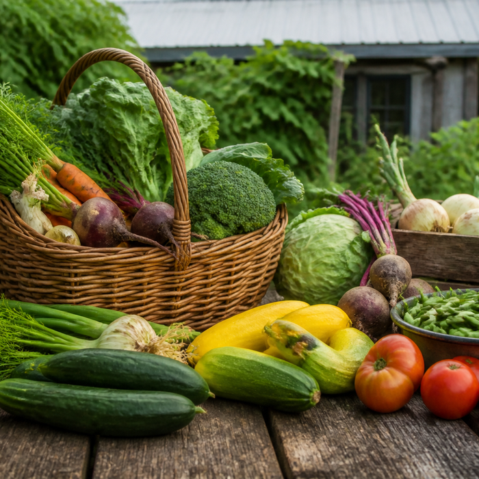 Fresh vegetables packed in wooden crates after harvest