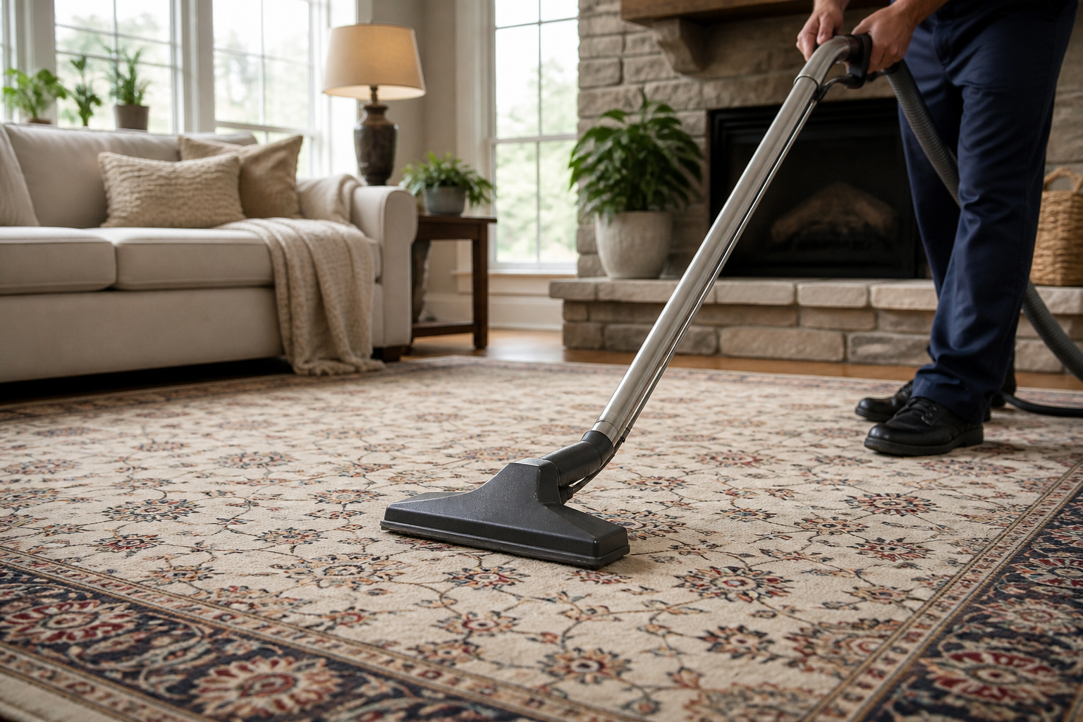 Vacuum cleaner moving across a textured area rug