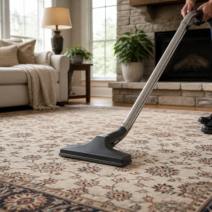 Vacuum cleaner moving across a textured area rug
