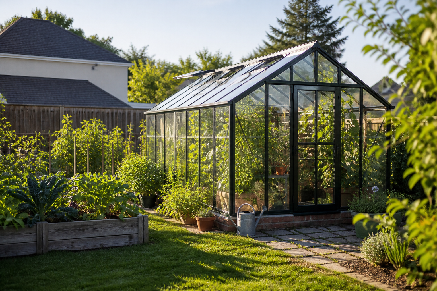 Small glass greenhouse surrounded by garden plants