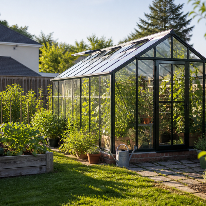 Small glass greenhouse surrounded by garden plants