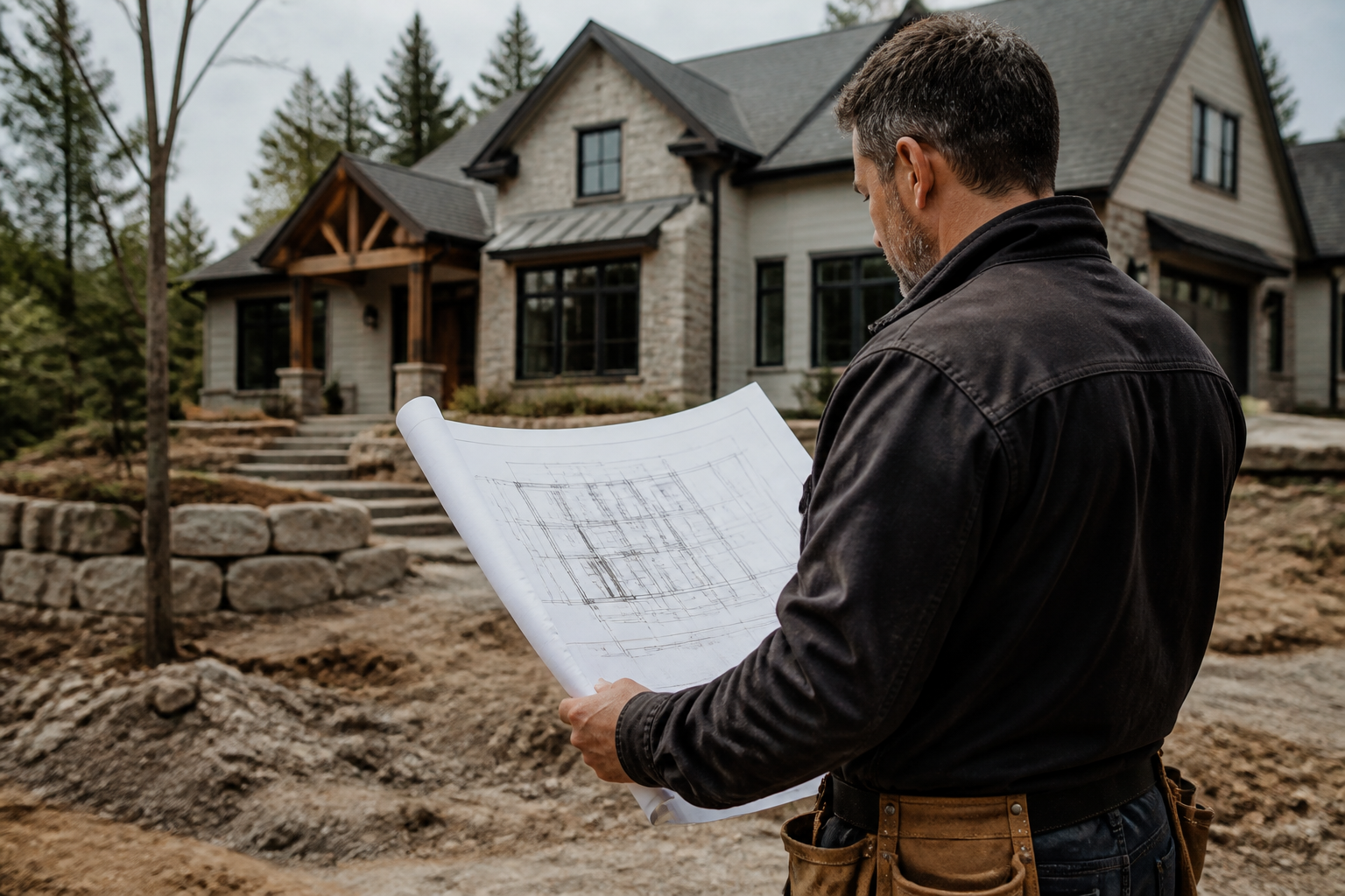 Contractor in a hard hat reviewing building plans on site