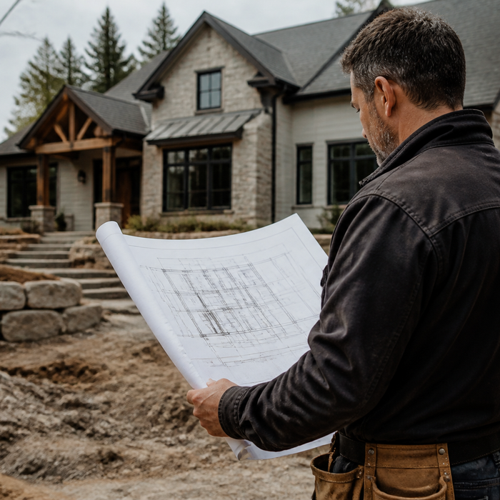 Contractor in a hard hat reviewing building plans on site
