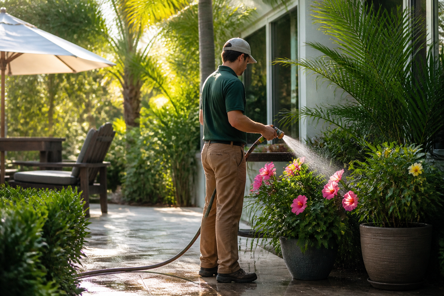 Landscaper watering potted plants along a stone patio