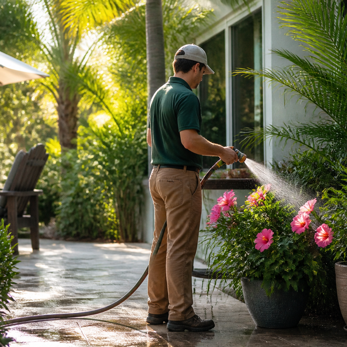 Landscaper watering potted plants along a stone patio