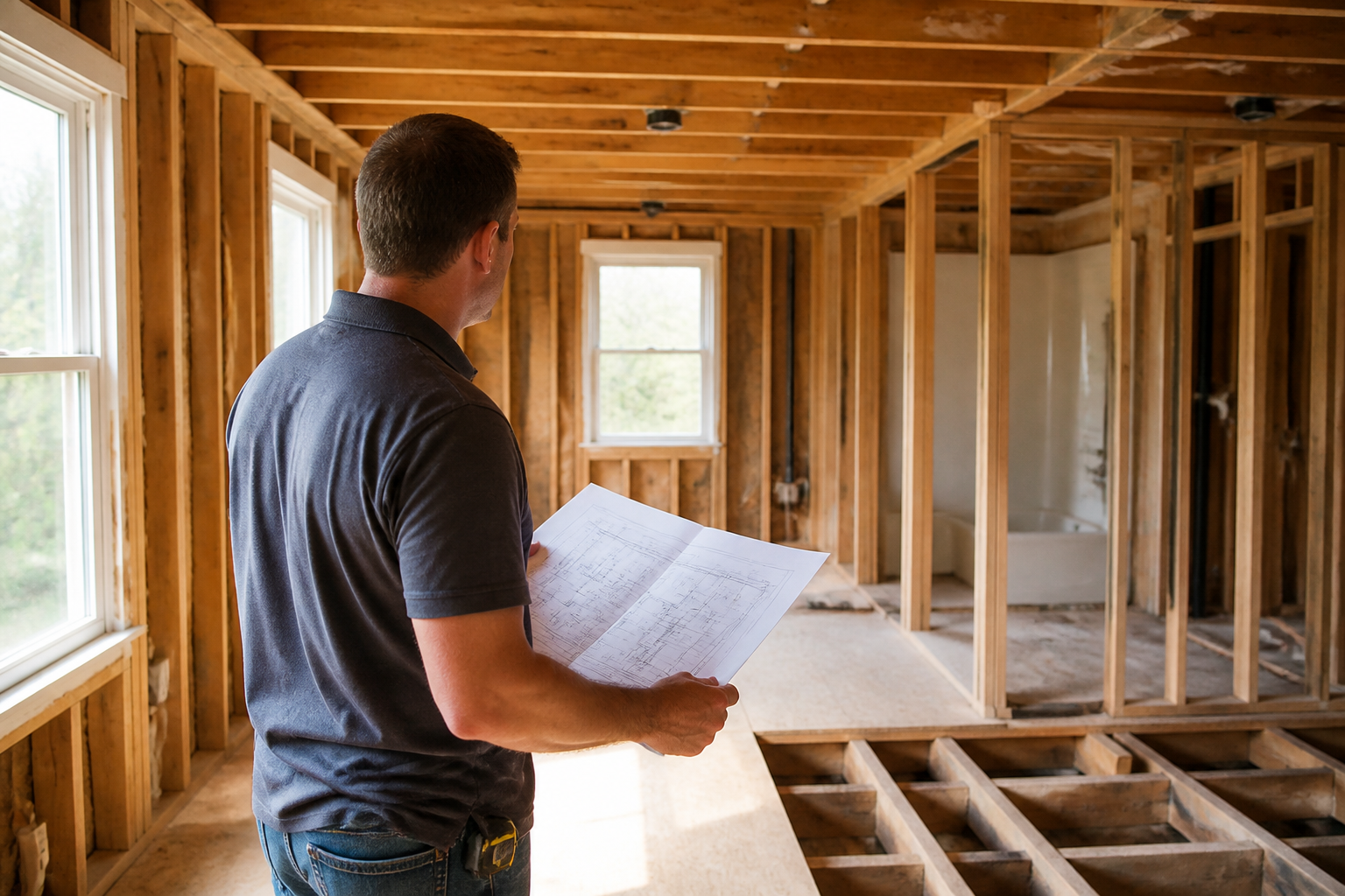 Partially remodeled home interior with tools and building materials