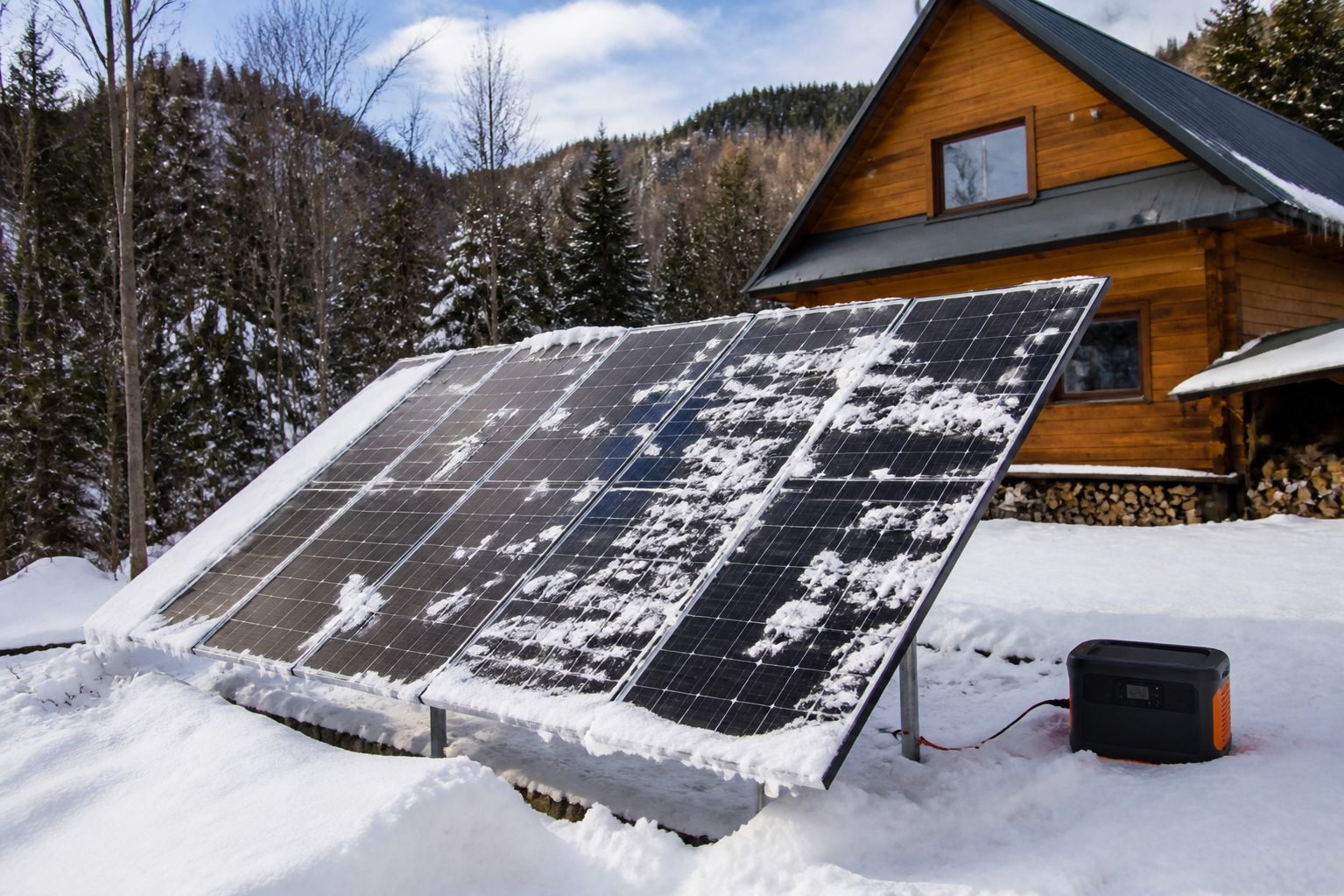 Solar panel array installed across a snowy landscape