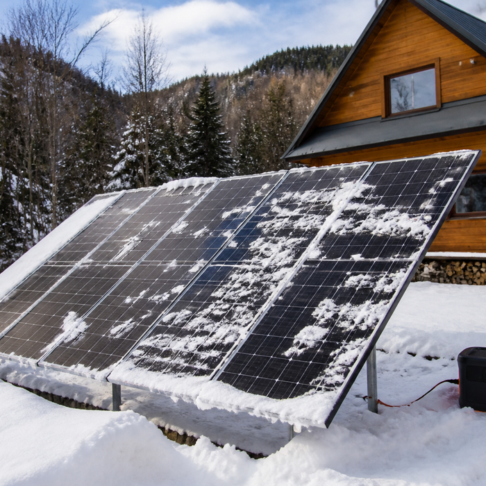 Solar panel array installed across a snowy landscape