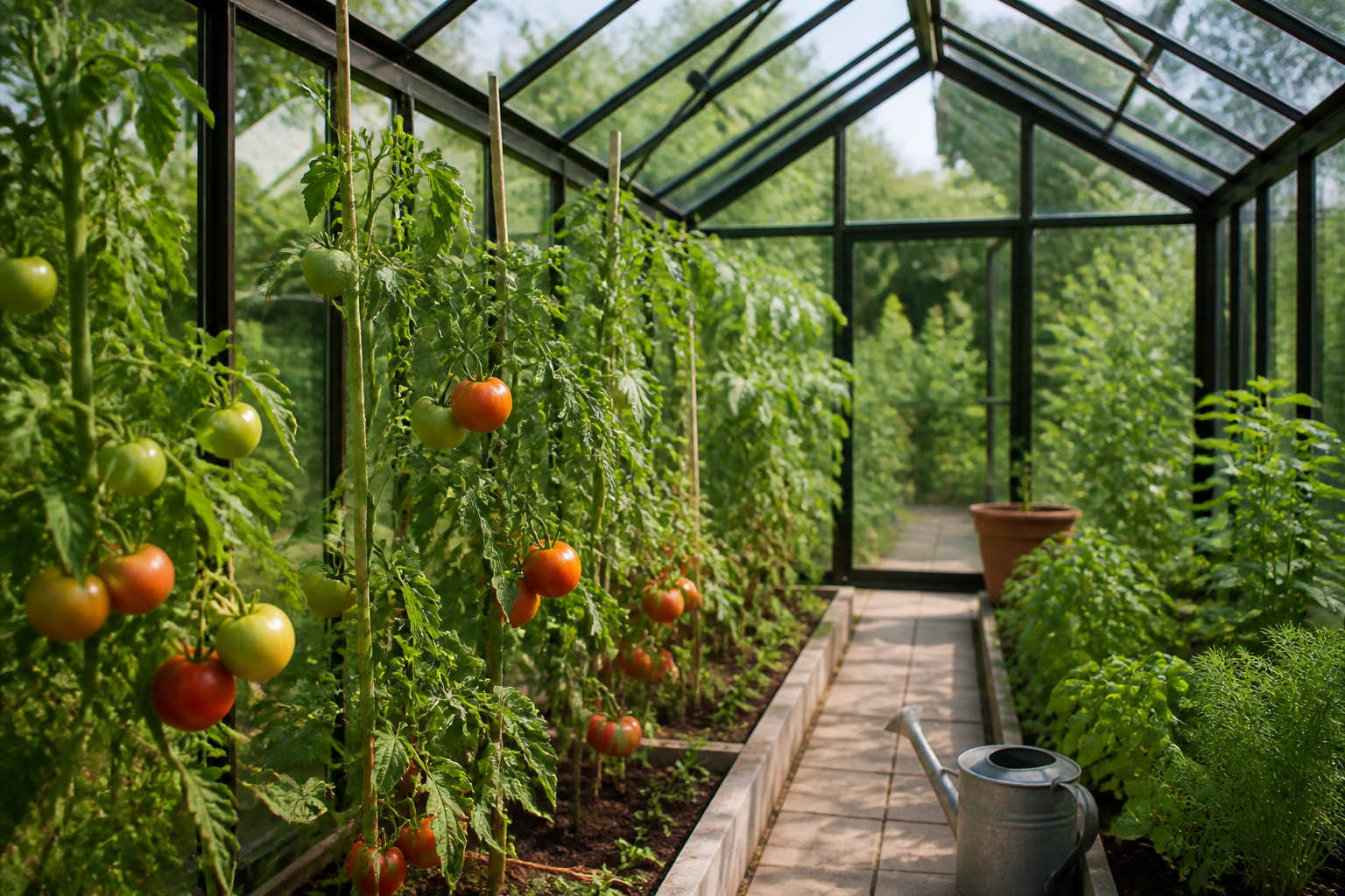 Tomato plants growing inside a glass greenhouse