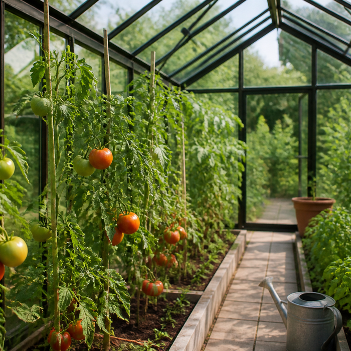 Tomato plants growing inside a glass greenhouse