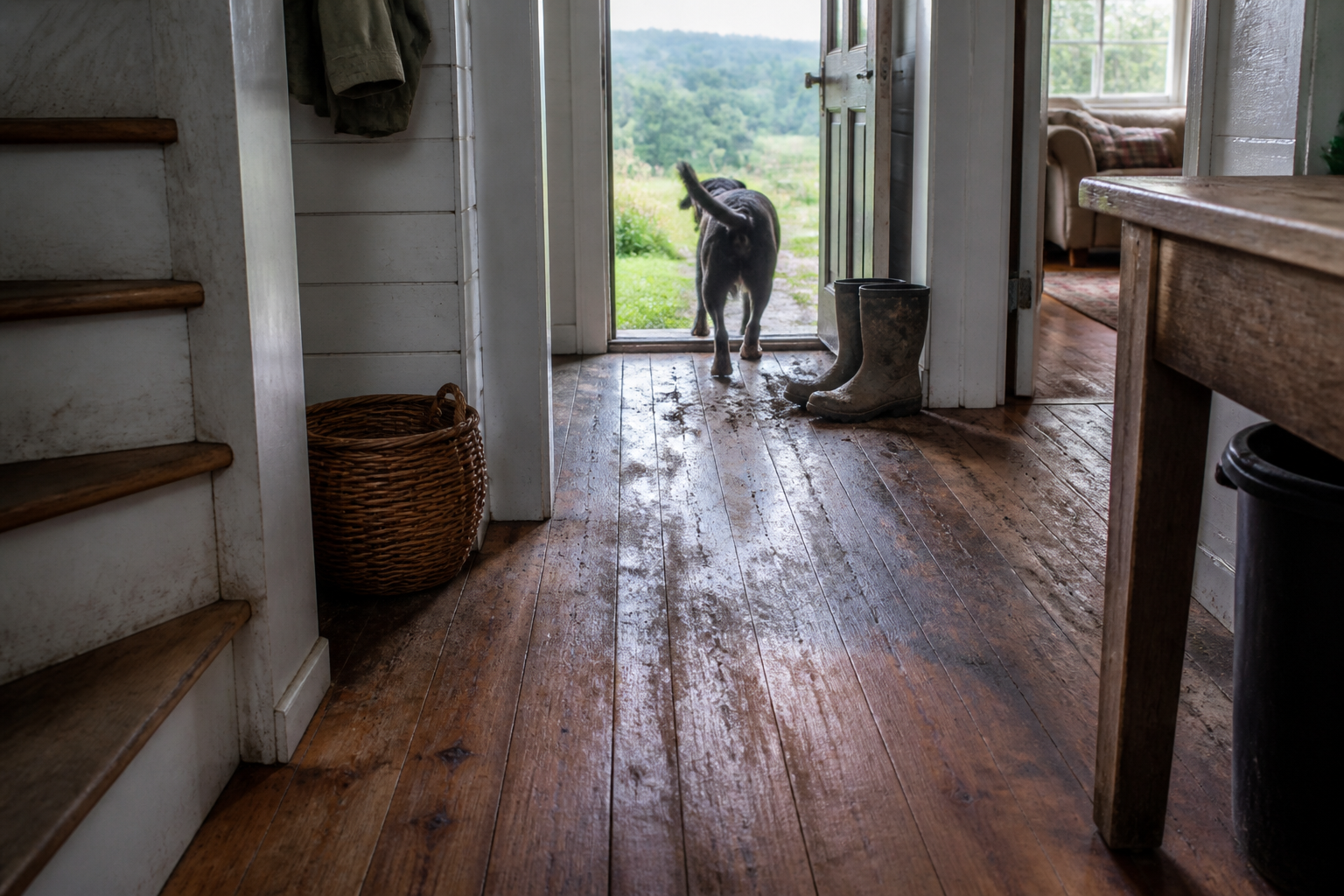 Farmhouse interior with hardwood floors and a wood stove