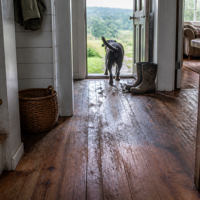 Farmhouse interior with hardwood floors and a wood stove