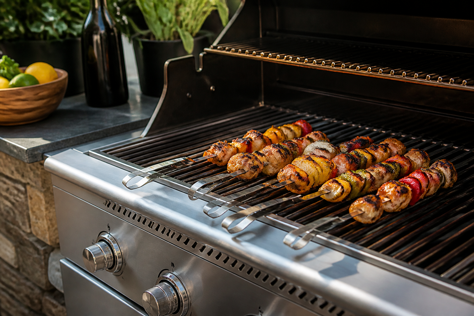 Meat skewers cooking over a smoky barbecue grill