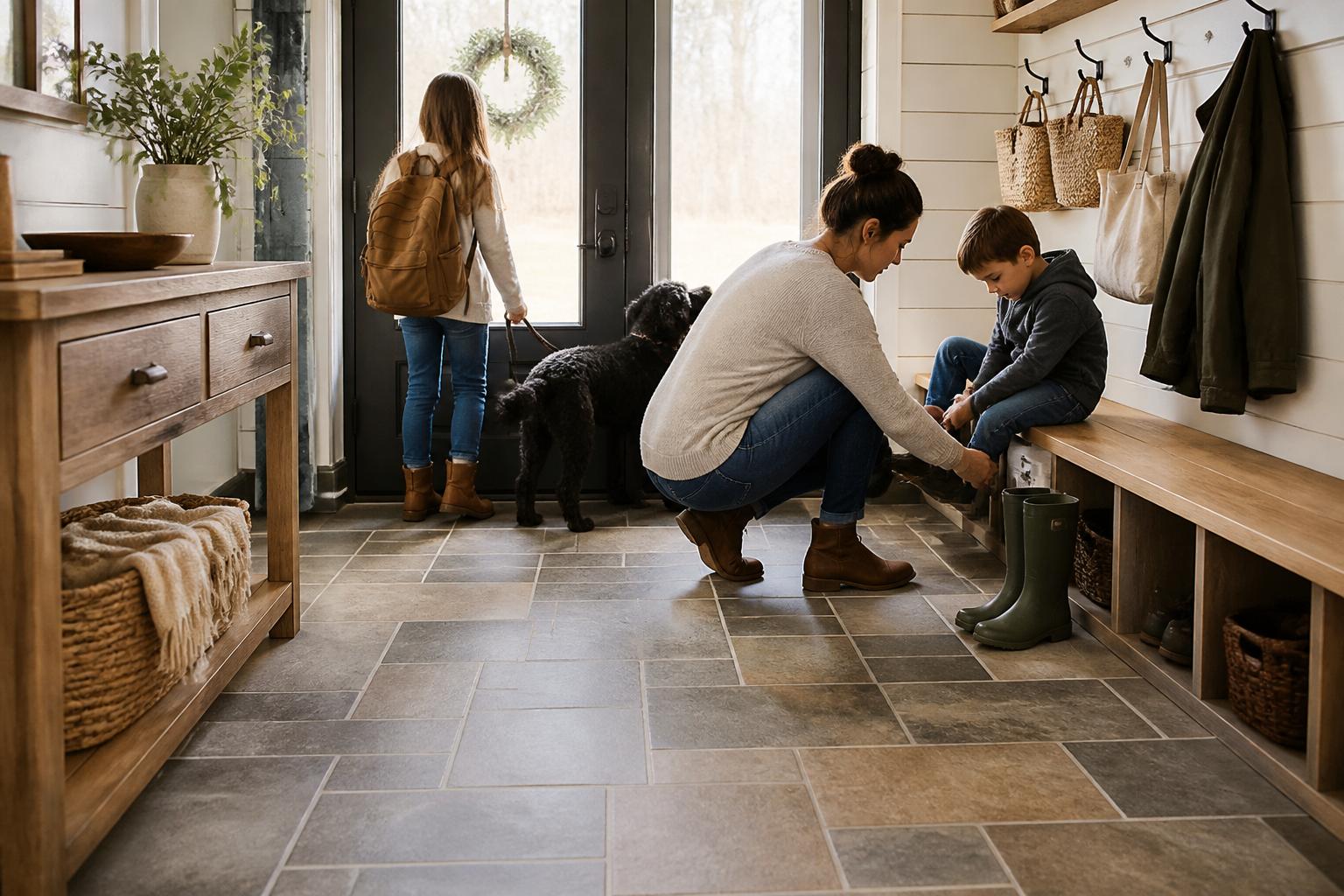 Family gathering near the wood floor of a busy entryway