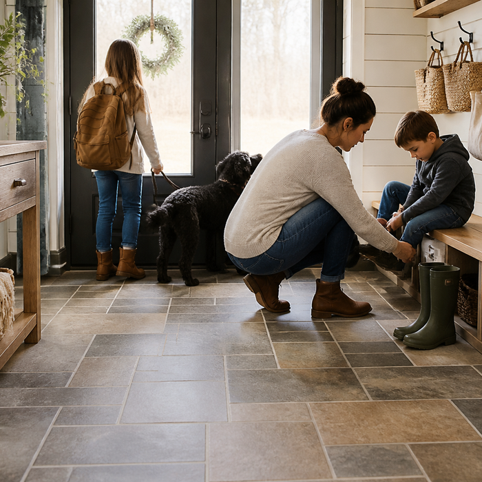 Family gathering near the wood floor of a busy entryway