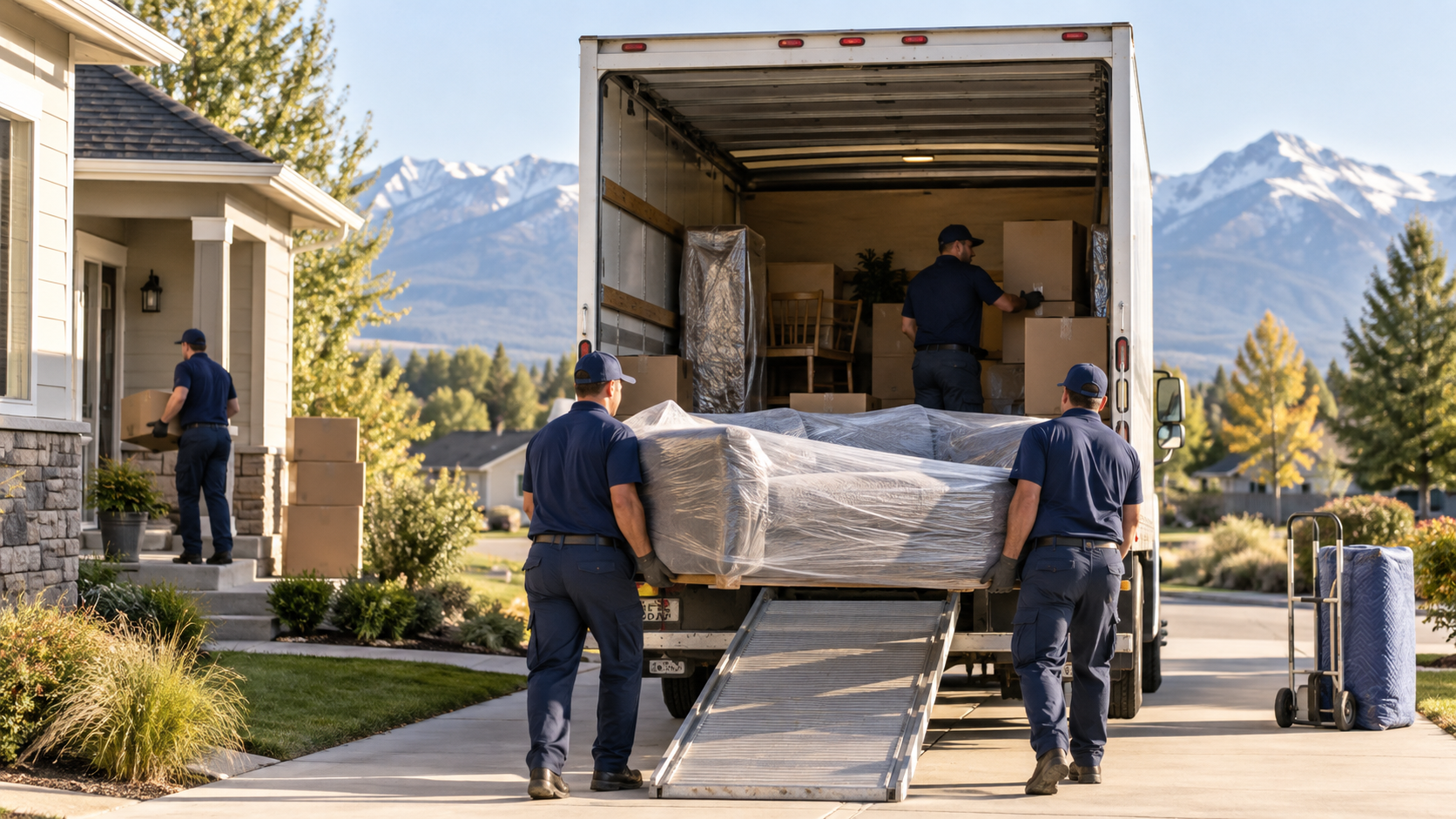 Professional movers loading furniture outside an Idaho Falls home