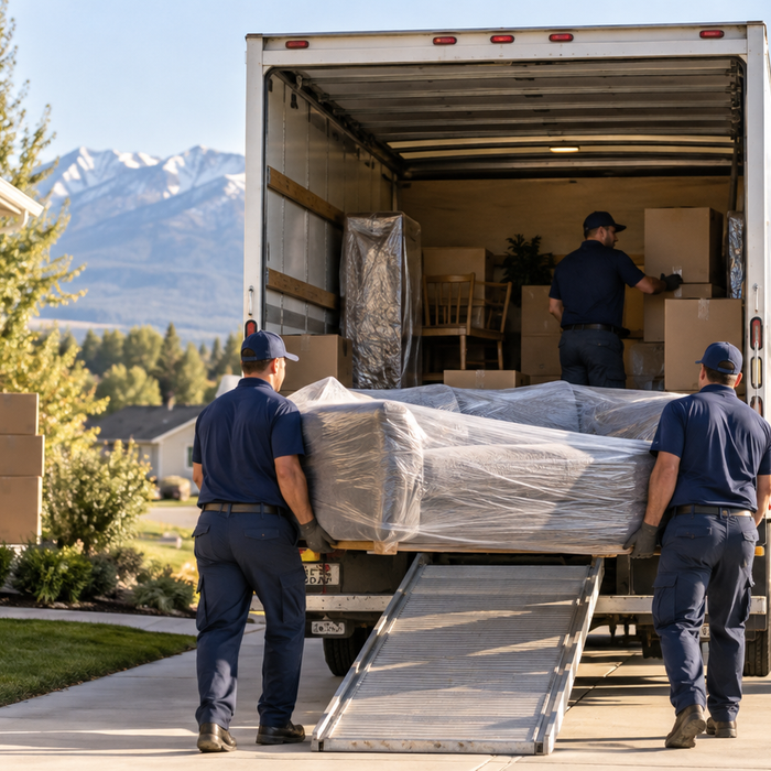 Professional movers loading furniture outside an Idaho Falls home