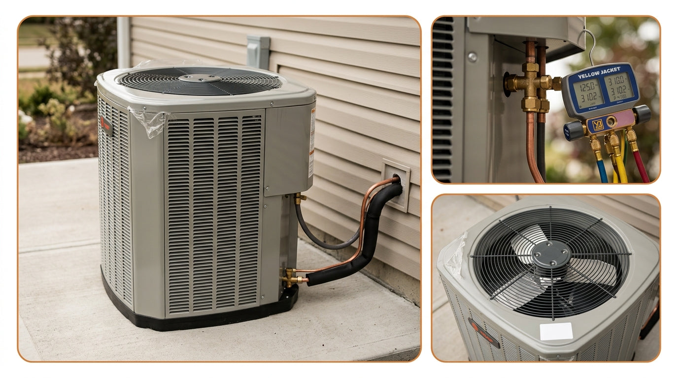 Outdoor HVAC condenser beside a rural Texas home