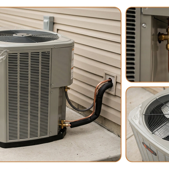 Outdoor HVAC condenser beside a rural Texas home