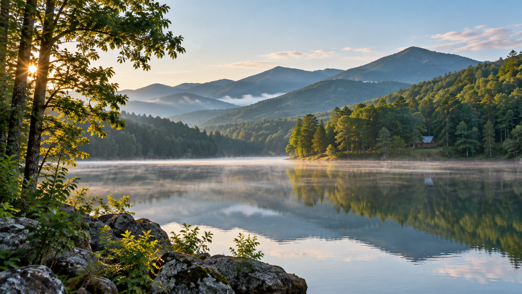 Forest-lined Appalachian lake beneath misty mountain ridges