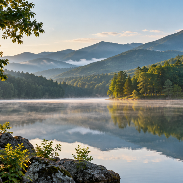 Forest-lined Appalachian lake beneath misty mountain ridges