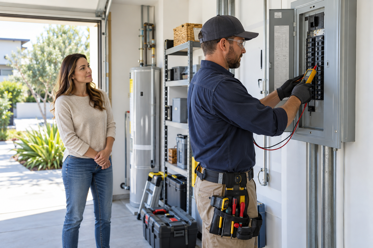 Licensed electrician inspecting a residential breaker panel while a homeowner observes