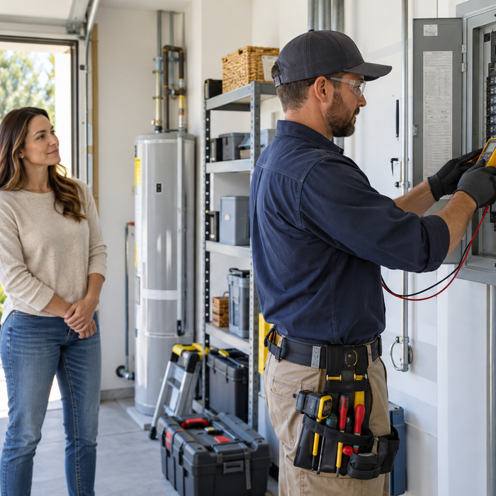 Licensed electrician inspecting a residential breaker panel while a homeowner observes