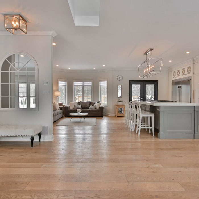 Bright kitchen and living area with wood-look flooring