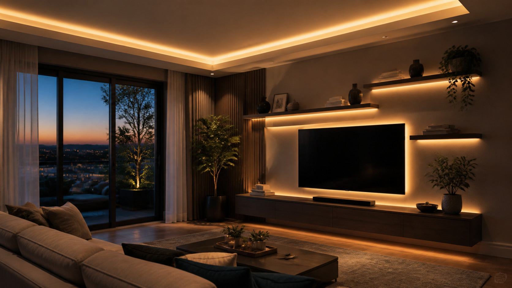 Living room with warm LED lighting around the ceiling, shelves, and television